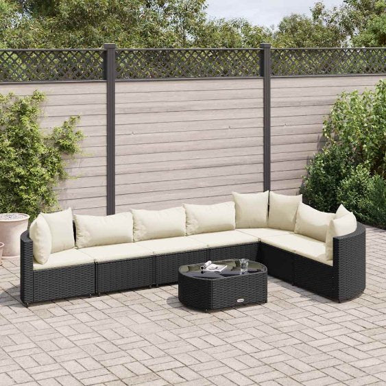 7-tlg. Garten-Sofagarnitur mit Kissen Schwarz Poly Rattan