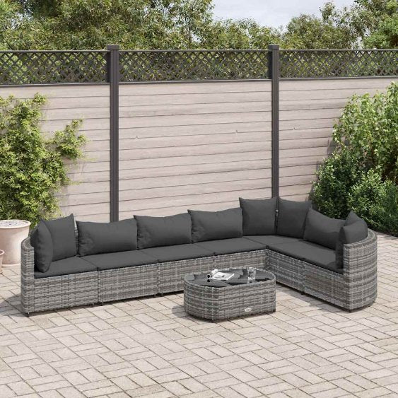 7-tlg. Garten-Sofagarnitur mit Kissen Schwarz Poly Rattan