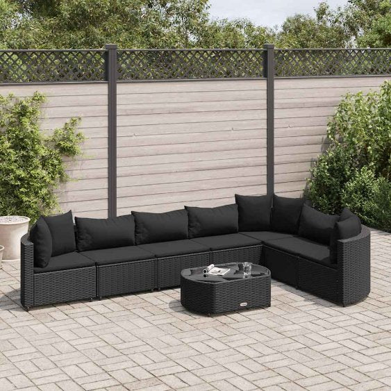 7-tlg. Garten-Sofagarnitur mit Kissen Schwarz Poly Rattan