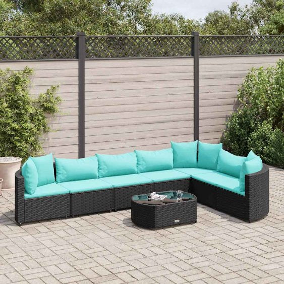 7-tlg. Garten-Sofagarnitur mit Kissen Schwarz Poly Rattan
