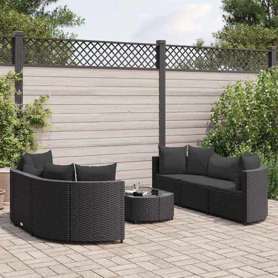 9-tlg. Garten-Sofagarnitur mit Kissen Schwarz Poly Rattan