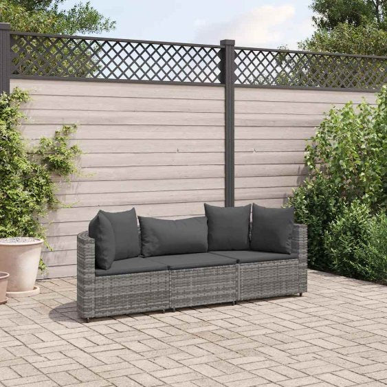3-tlg. Garten-Sofagarnitur mit Kissen Schwarz Poly Rattan