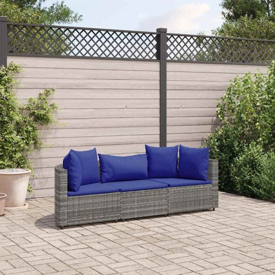 3-tlg. Garten-Sofagarnitur mit Kissen Schwarz Poly Rattan