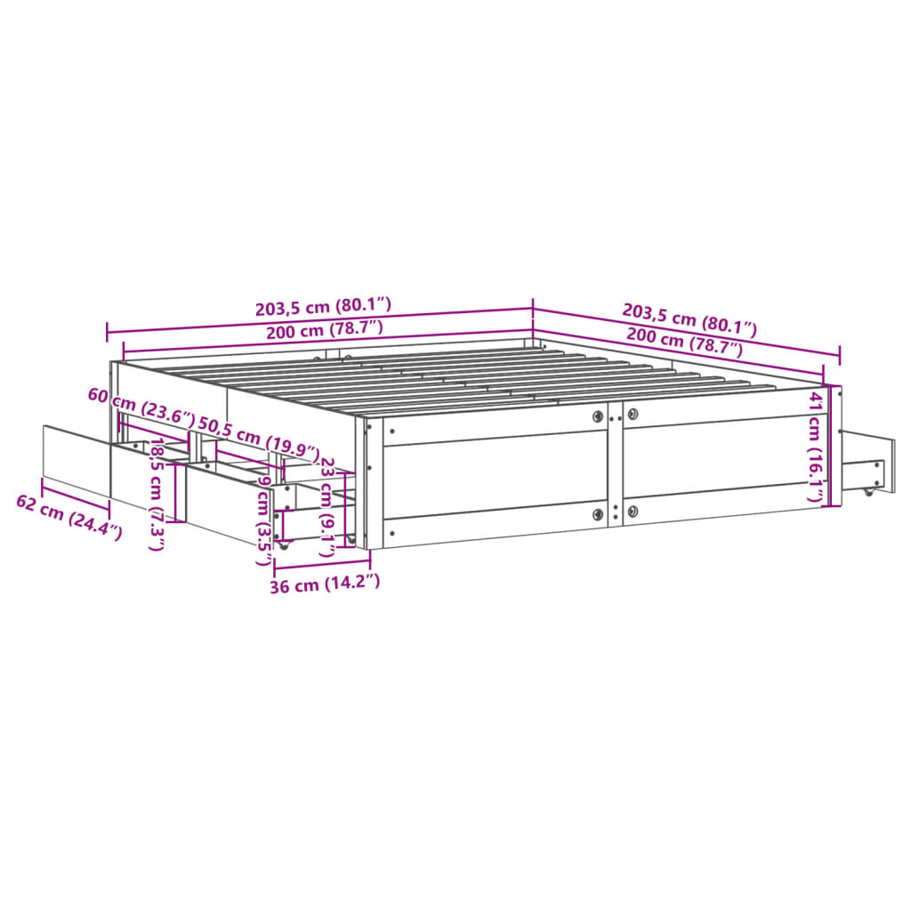 vidaXL Massivholzbett ohne Matratze mit Schubladen 200x200 cm Kiefer