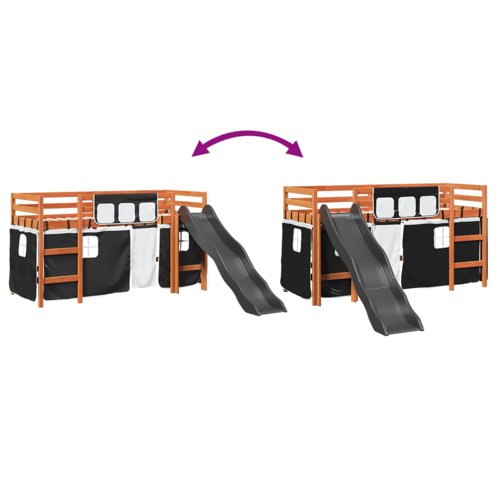 vidaXL Kinderhochbett mit Vorhängen Weiß und Schwarz Massivholz Kiefer