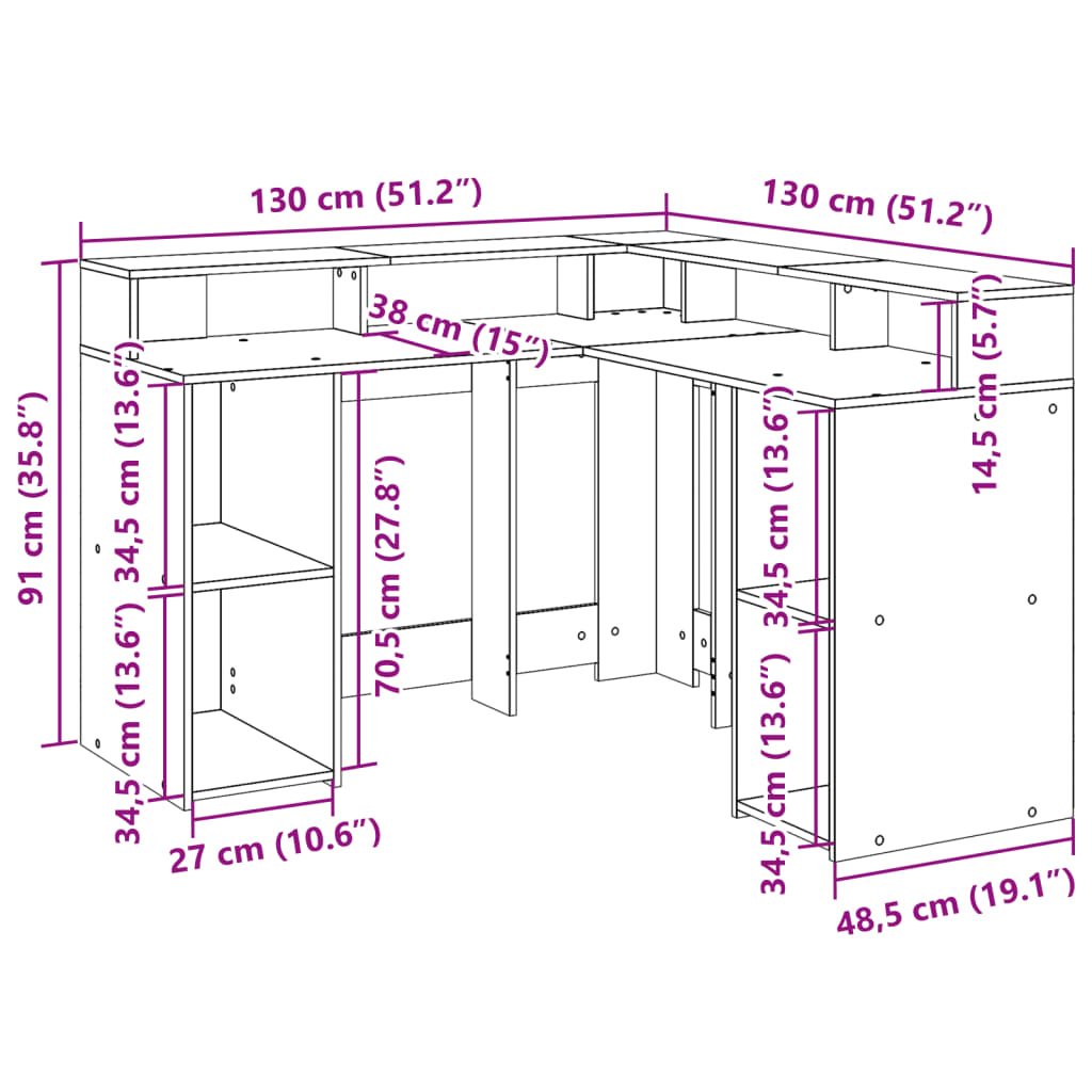 vidaXL LED-Schreibtisch Weiß 130x130x91 cm Holzwerkstoff