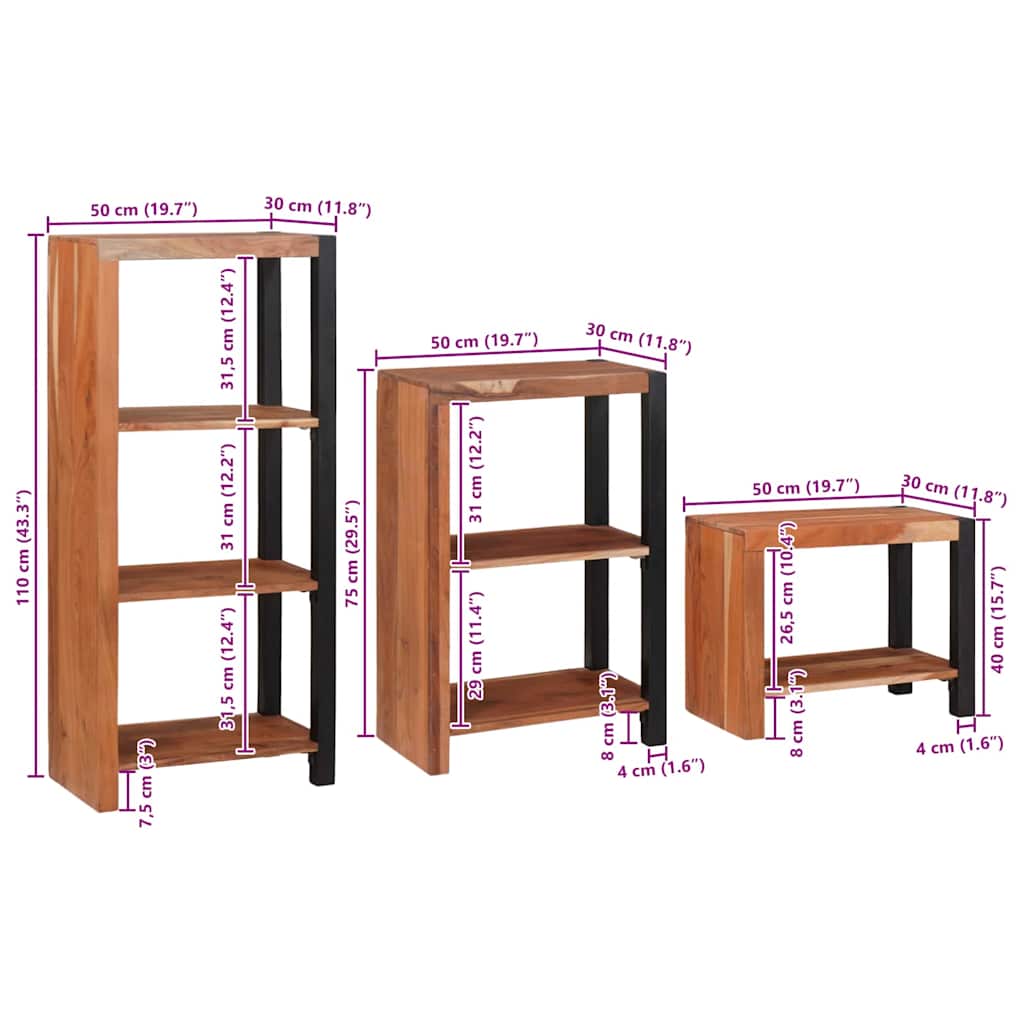 vidaXL Bücherregal 3 pcs Braun 50 x 30 x 110 cm Massivholz Akazie