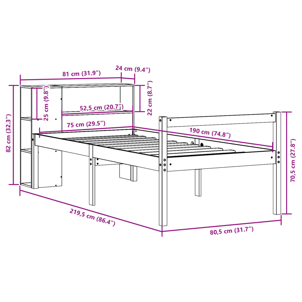 vidaXL Bücherregalbett ohne Matratze 75x190 cm Massivholz Kiefer