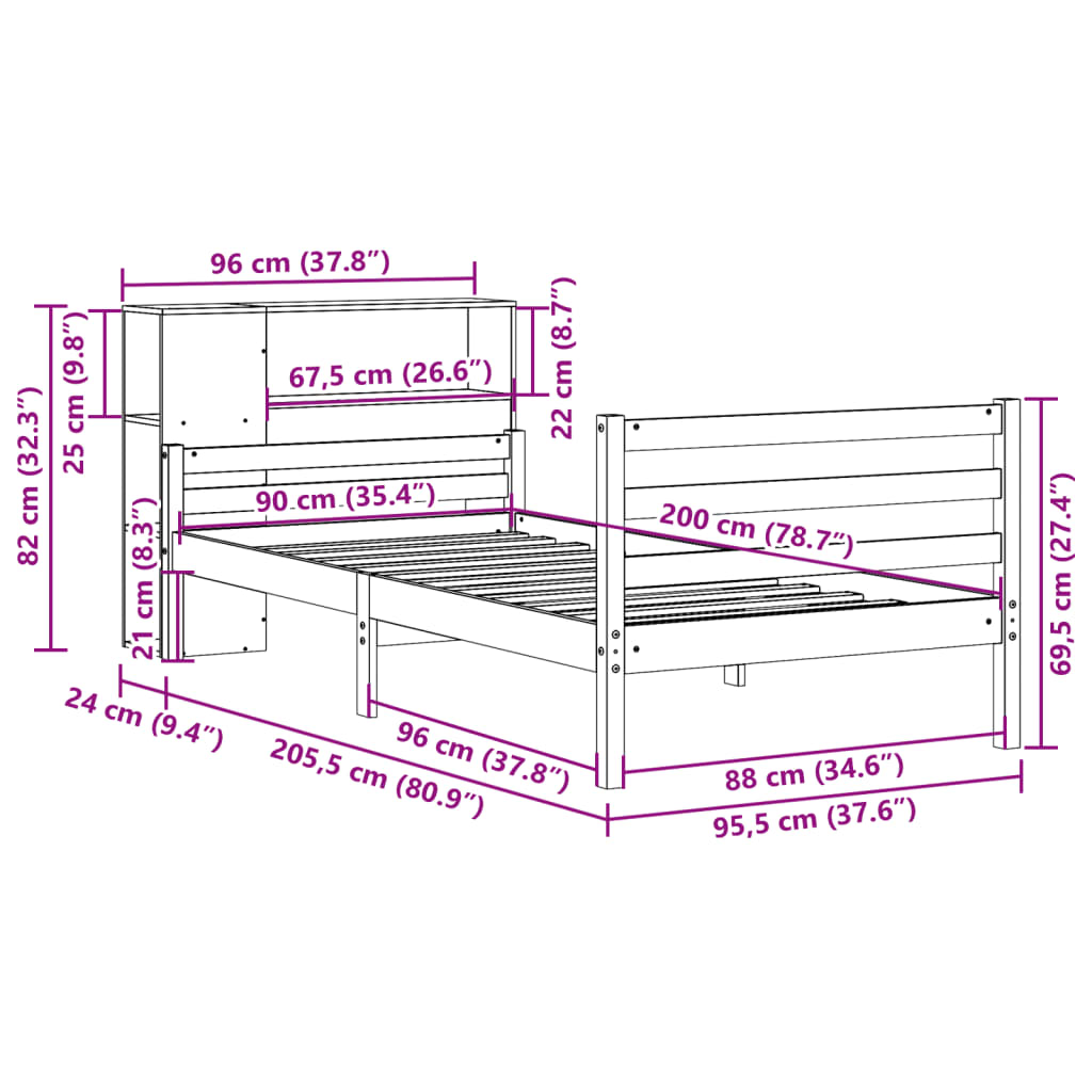 vidaXL Massivholzbett mit Regal ohne Matratze 90x200 cm Kiefer