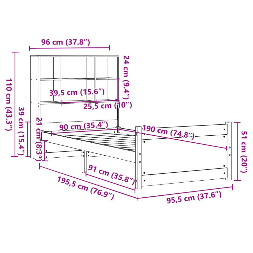 vidaXL Massivholzbett mit Regal ohne Matratze 90x190 cm Kiefer