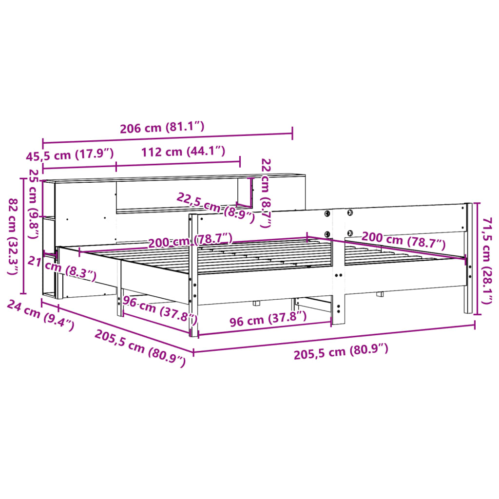 vidaXL Massivholzbett mit Regal ohne Matratze 200x200 cm Kiefer