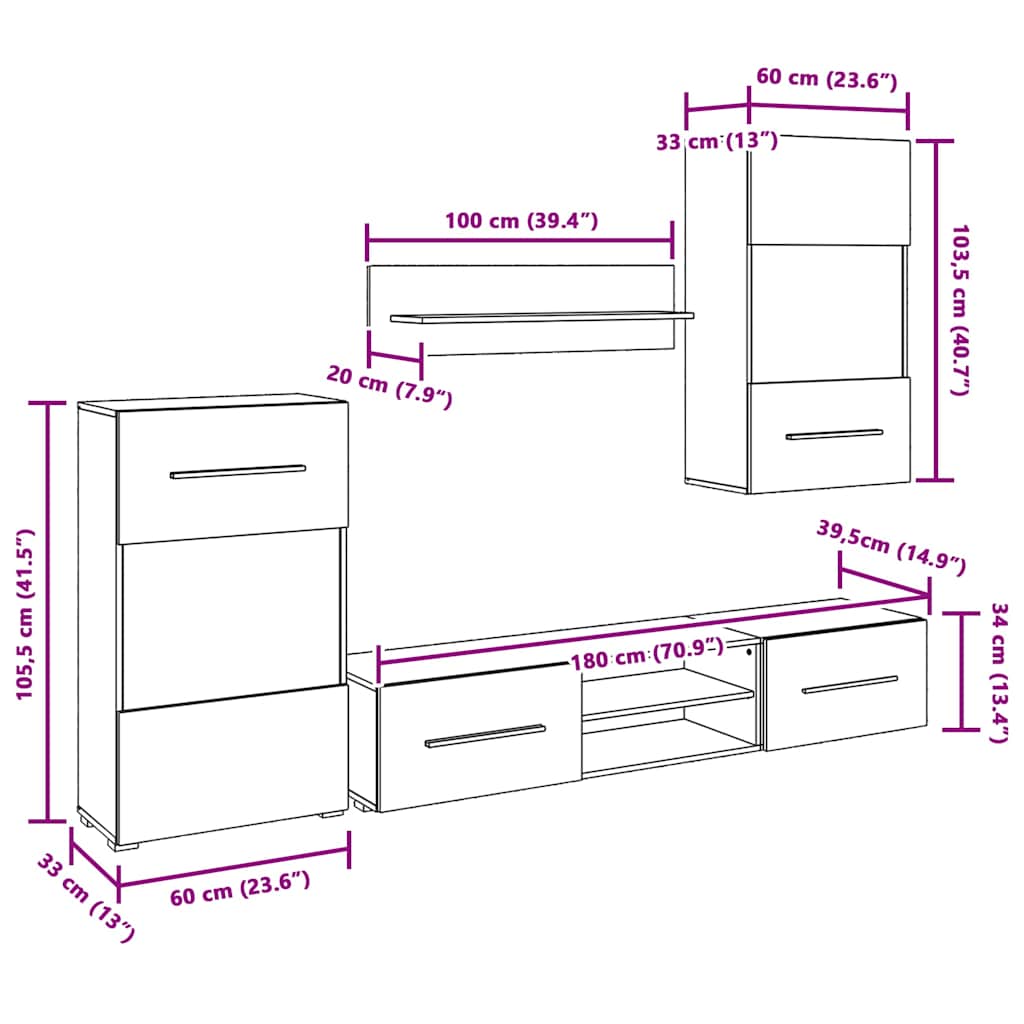 vidaXL 5-tlg. Wohnwand mit LED-Beleuchtung Mattweiß Holzwerkstoff