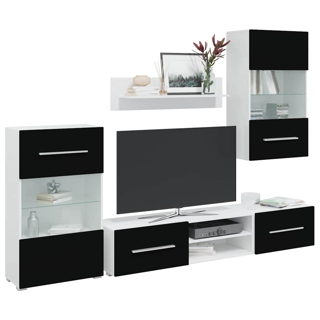 vidaXL 5-tlg. Wohnwand mit LED-Beleuchtung Mattweiß Holzwerkstoff