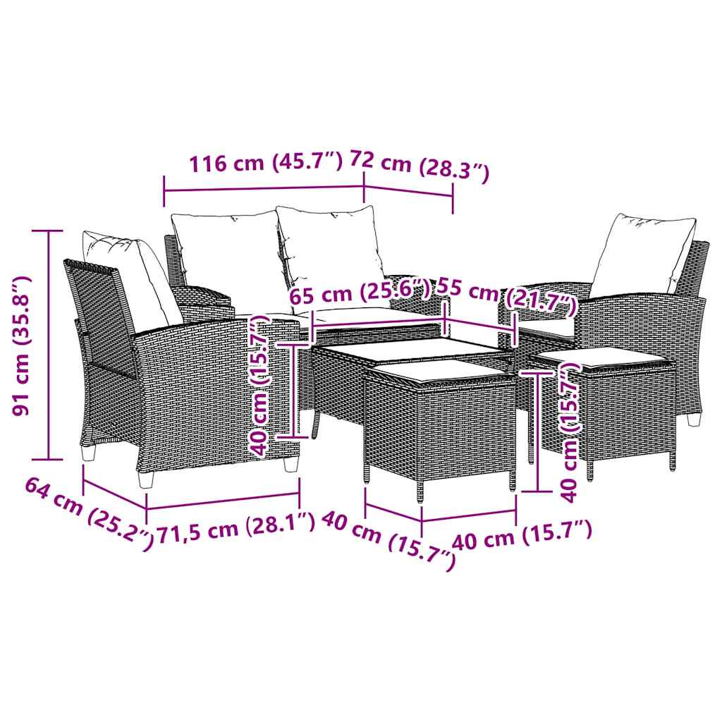 6-tlg. Garten-Sofagarnitur mit Kissen Schwarz Poly Rattan
