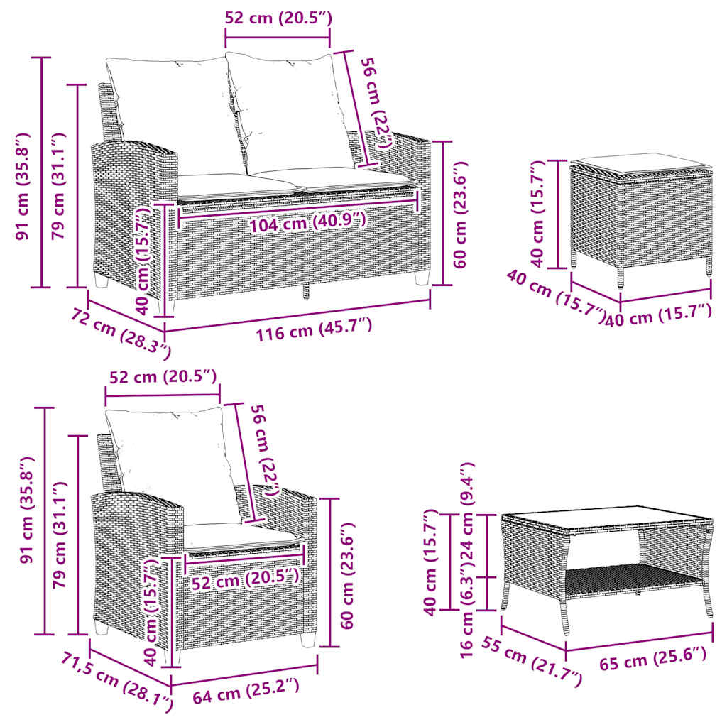 6-tlg. Garten-Sofagarnitur mit Kissen Schwarz Poly Rattan