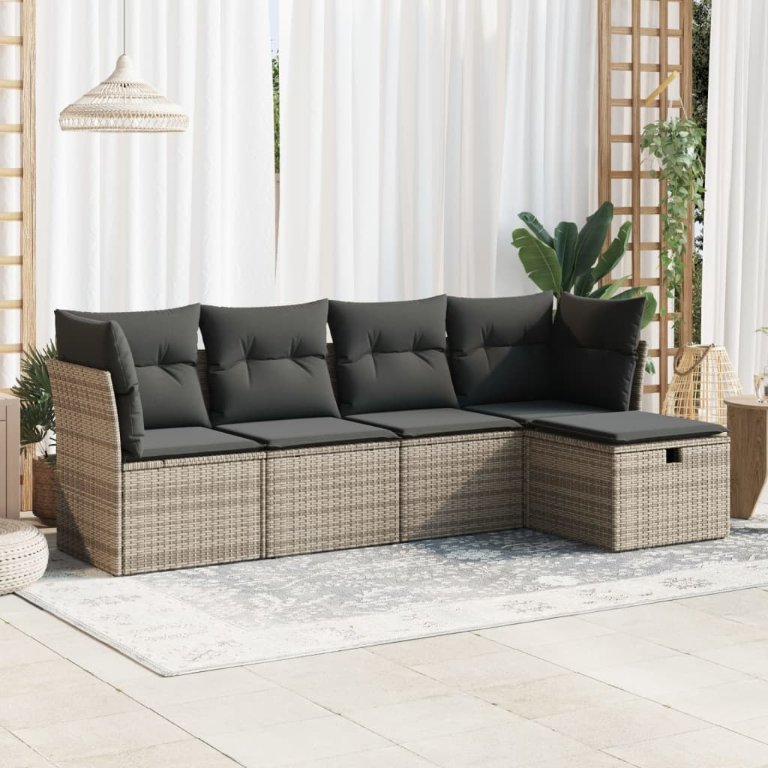5-tlg. Garten-Sofagarnitur mit Kissen Schwarz Poly Rattan