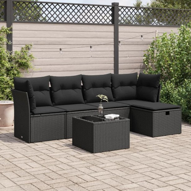 5-tlg. Garten-Sofagarnitur mit Kissen Schwarz Poly Rattan