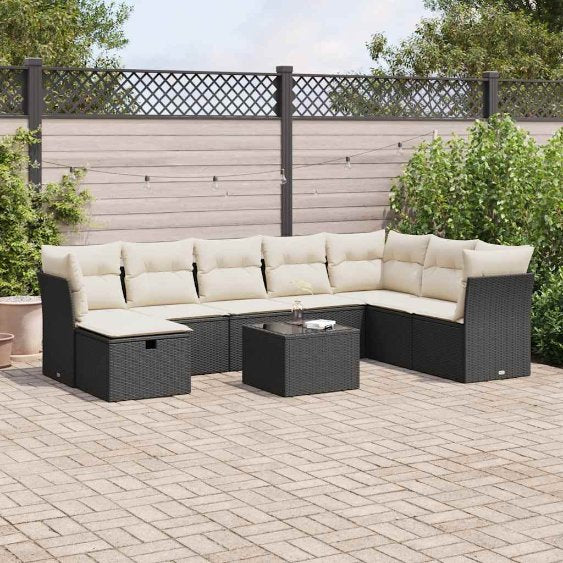 8-tlg. Garten-Sofagarnitur mit Kissen Schwarz Poly Rattan