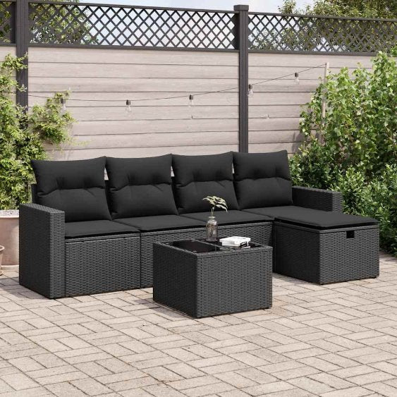 5-tlg. Garten-Sofagarnitur mit Kissen Schwarz Poly Rattan