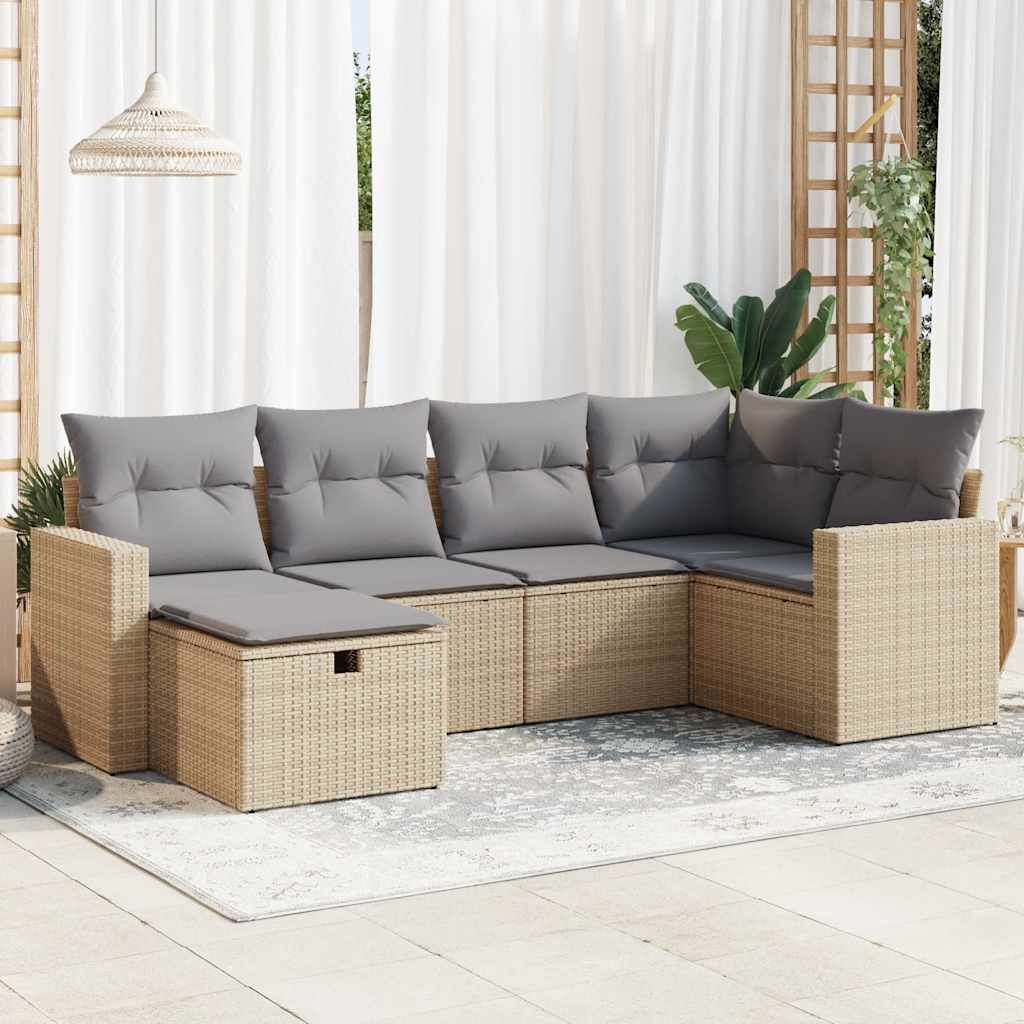 6-tlg. Garten-Sofagarnitur mit Kissen Schwarz Poly Rattan
