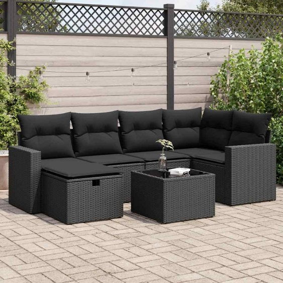 6-tlg. Garten-Sofagarnitur mit Kissen Schwarz Poly Rattan