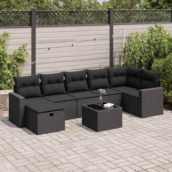 7-tlg. Garten-Sofagarnitur mit Kissen Schwarz Poly Rattan
