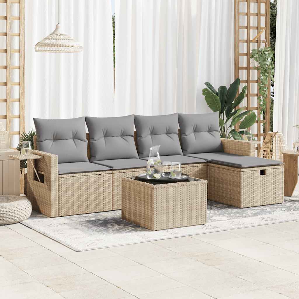 5-tlg. Garten-Sofagarnitur mit Kissen Schwarz Poly Rattan