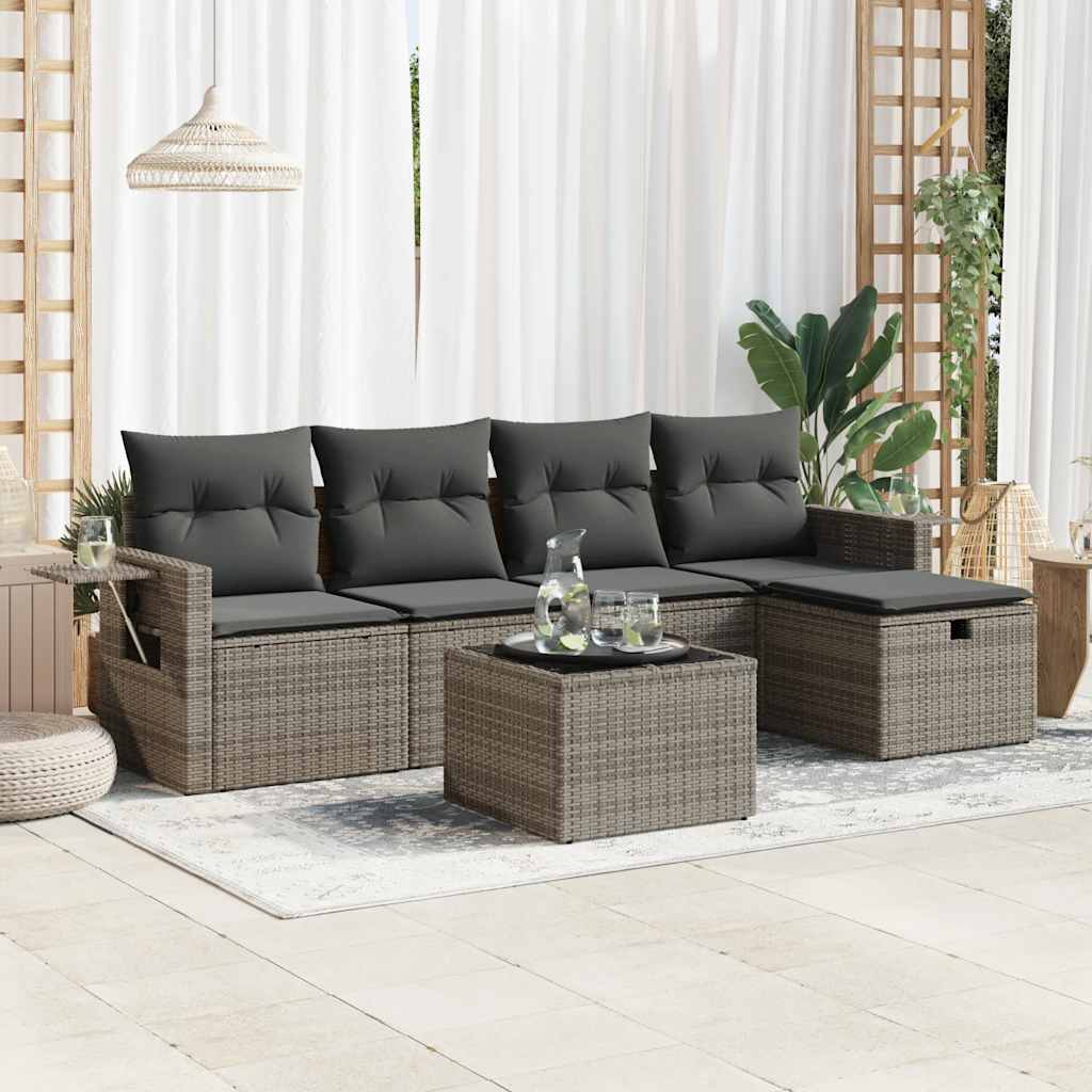 5-tlg. Garten-Sofagarnitur mit Kissen Schwarz Poly Rattan