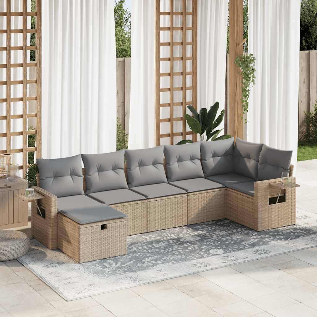 7-tlg. Garten-Sofagarnitur mit Kissen Schwarz Poly Rattan