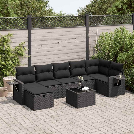 7-tlg. Garten-Sofagarnitur mit Kissen Schwarz Poly Rattan