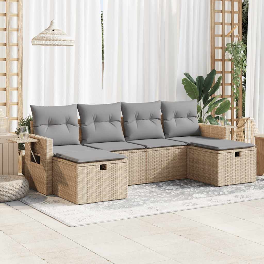 6-tlg. Garten-Sofagarnitur mit Kissen Schwarz Poly Rattan