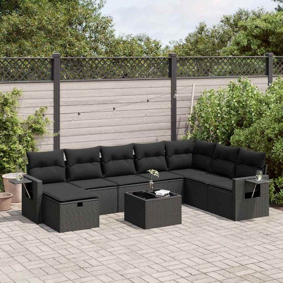 8-tlg. Garten-Sofagarnitur mit Kissen Schwarz Poly Rattan