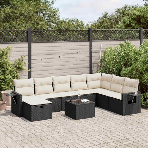 8-tlg. Garten-Sofagarnitur mit Kissen Schwarz Poly Rattan
