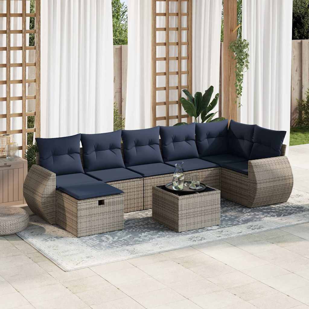 7-tlg. Garten-Sofagarnitur mit Kissen Grau Poly Rattan