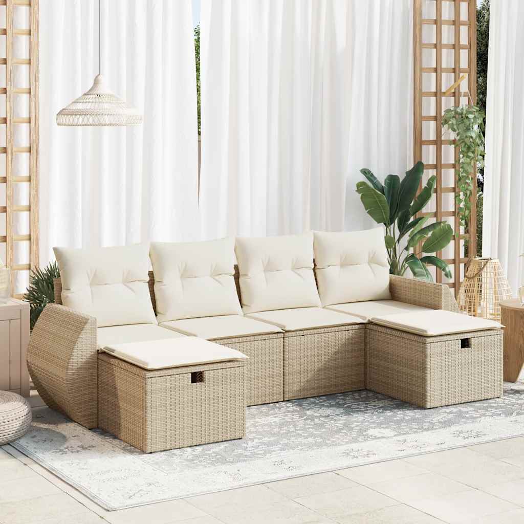 6-tlg. Garten-Sofagarnitur mit Kissen Schwarz Poly Rattan