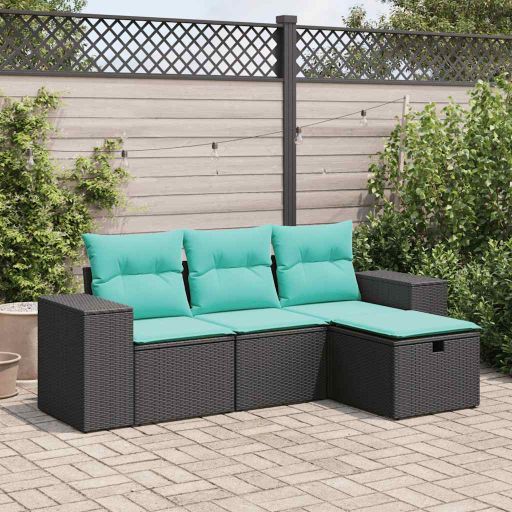 4-tlg. Garten-Sofagarnitur mit Kissen Grau Poly Rattan