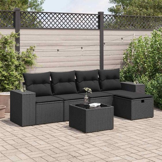 5-tlg. Garten-Sofagarnitur mit Kissen Schwarz Poly Rattan