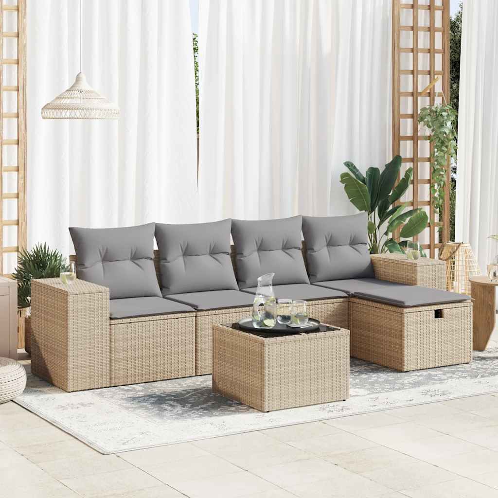 5-tlg. Garten-Sofagarnitur mit Kissen Schwarz Poly Rattan