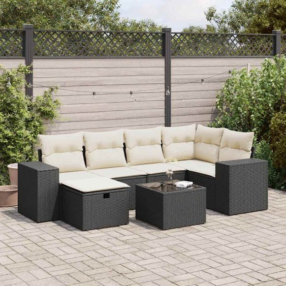6-tlg. Garten-Sofagarnitur mit Kissen Schwarz Poly Rattan
