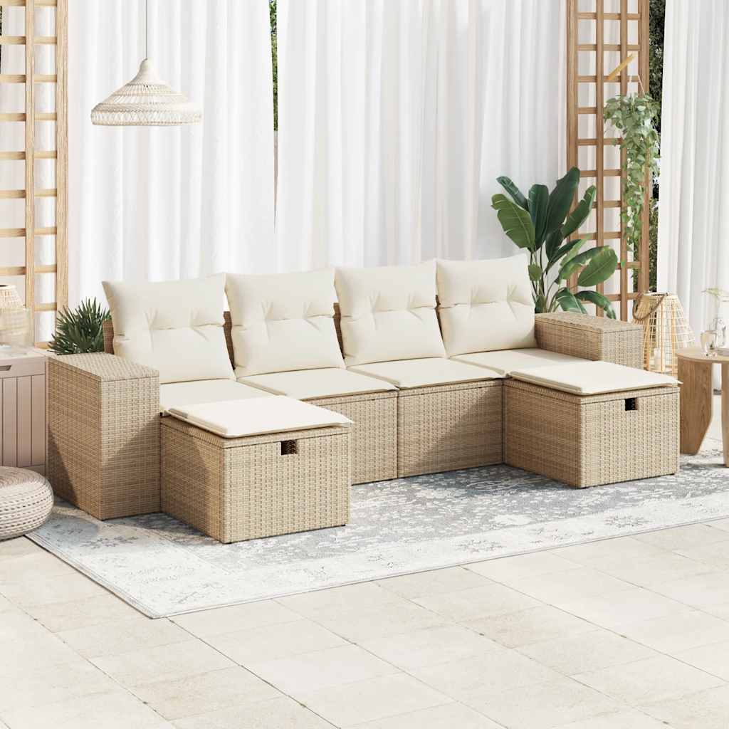 6-tlg. Garten-Sofagarnitur mit Kissen Schwarz Poly Rattan