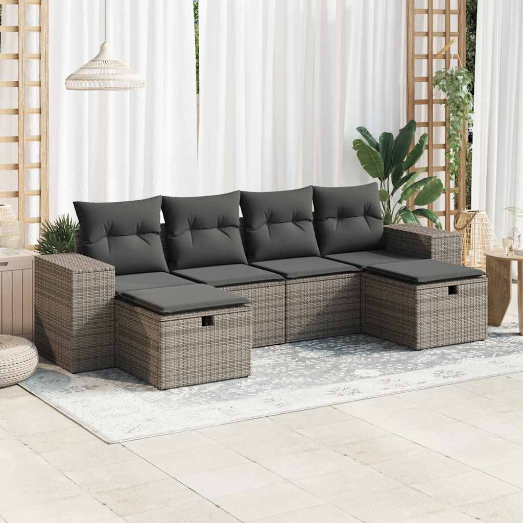 6-tlg. Garten-Sofagarnitur mit Kissen Schwarz Poly Rattan