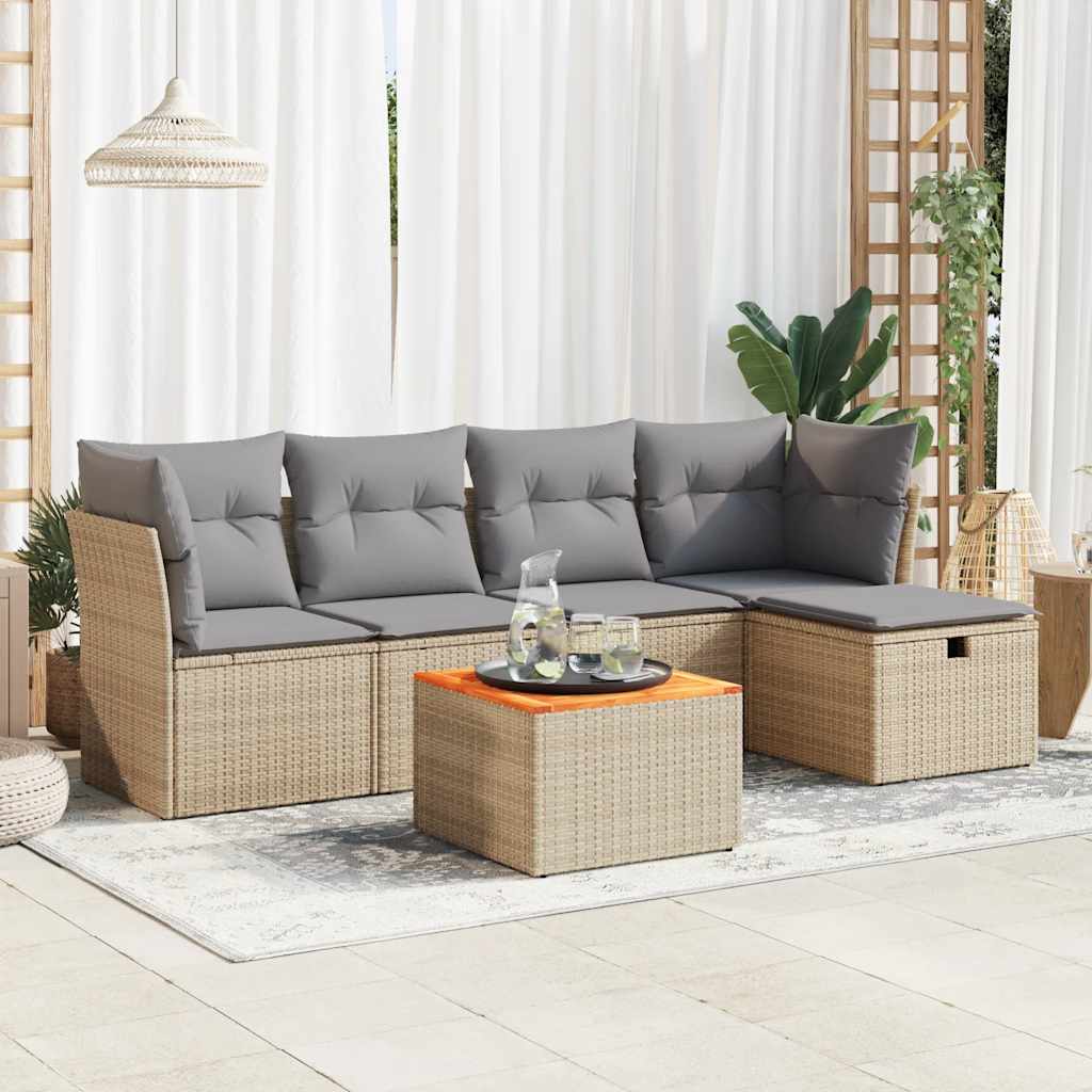6-tlg. Garten-Sofagarnitur mit Kissen Schwarz Poly Rattan