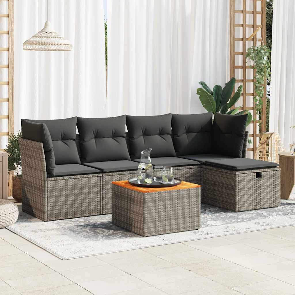 6-tlg. Garten-Sofagarnitur mit Kissen Schwarz Poly Rattan