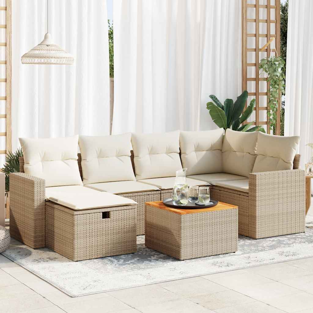 7-tlg. Garten-Sofagarnitur mit Kissen Schwarz Poly Rattan
