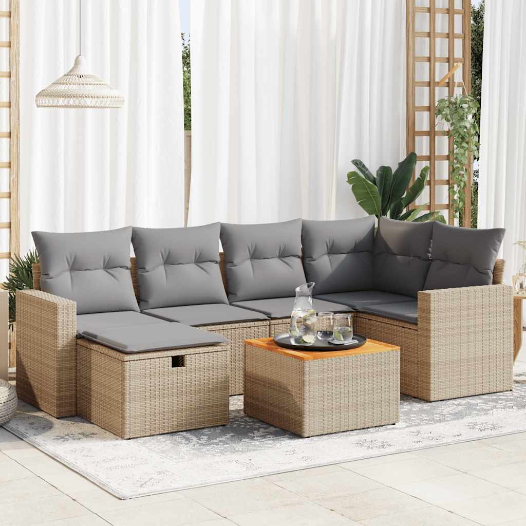 7-tlg. Garten-Sofagarnitur mit Kissen Schwarz Poly Rattan