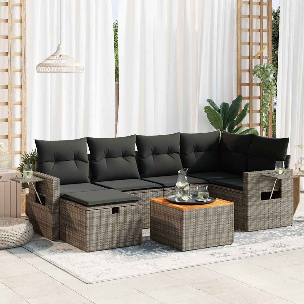 7-tlg. Garten-Sofagarnitur mit Kissen Schwarz Poly Rattan