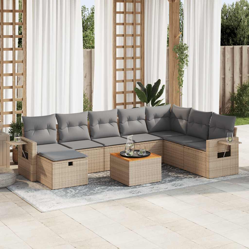 9-tlg. Garten-Sofagarnitur mit Kissen Schwarz Poly Rattan