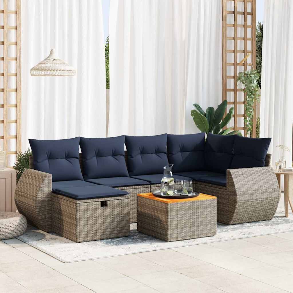 7-tlg. Garten-Sofagarnitur mit Kissen Schwarz Poly Rattan