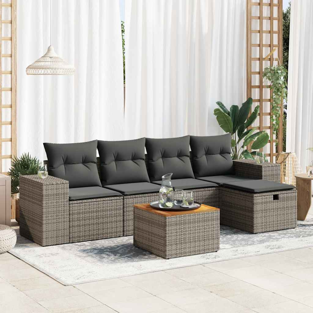 6-tlg. Garten-Sofagarnitur mit Kissen Schwarz Poly Rattan