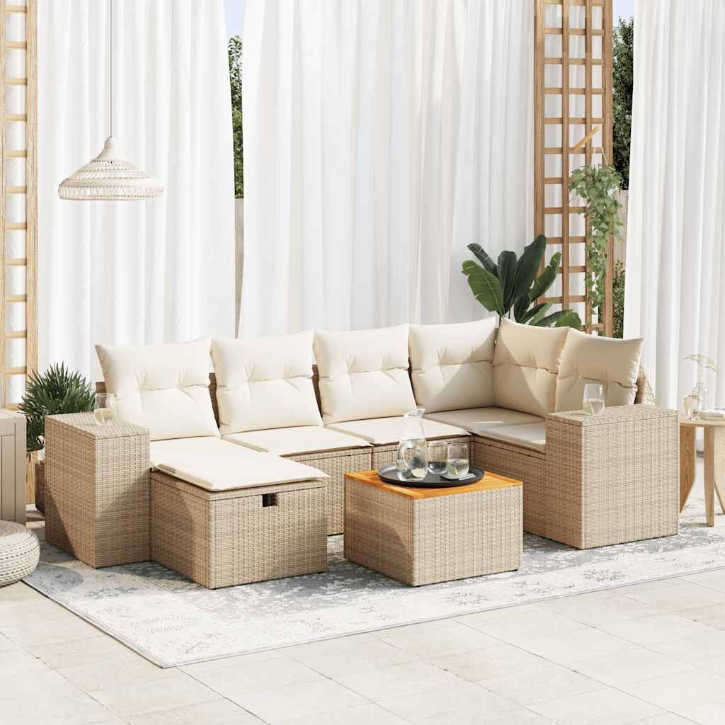7-tlg. Garten-Sofagarnitur mit Kissen Schwarz Poly Rattan